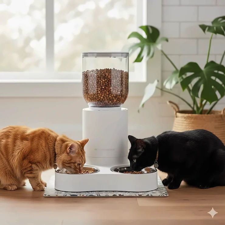 A modern automatic cat feeder for multiple cats with a two-way splitter and two bowls, being used by two cats simultaneously in a bright kitchen.