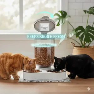 Cutaway view of an automatic cat feeder for multiple cats showing a twist-lock lid and desiccant bag for keeping kibble fresh and crunchy.