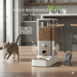 An illustration of a cat running to an automatic feeder as it plays a recorded owner's voice.