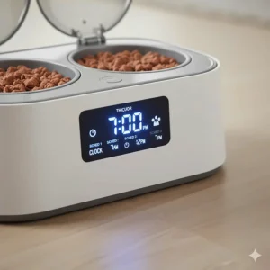 A close-up graphic of a digital timer interface on an automatic cat feeder showing scheduled meal times for wet food.