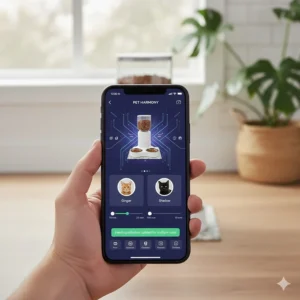 Digital interface showing a smartphone app used to schedule precise meal portions for multiple cats on an automatic feeder.