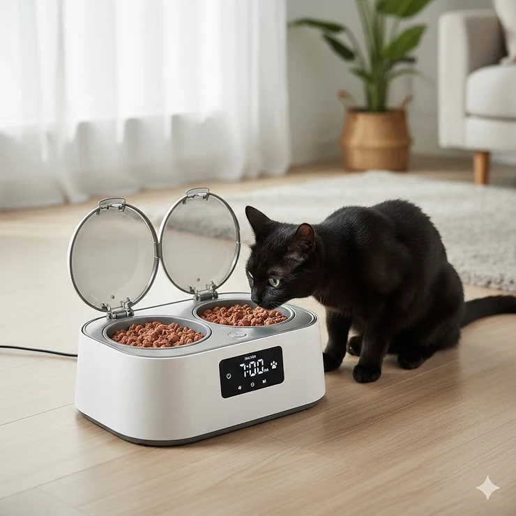 A modern automatic cat feeder for wet food with a digital timer and two compartments open for a cat.