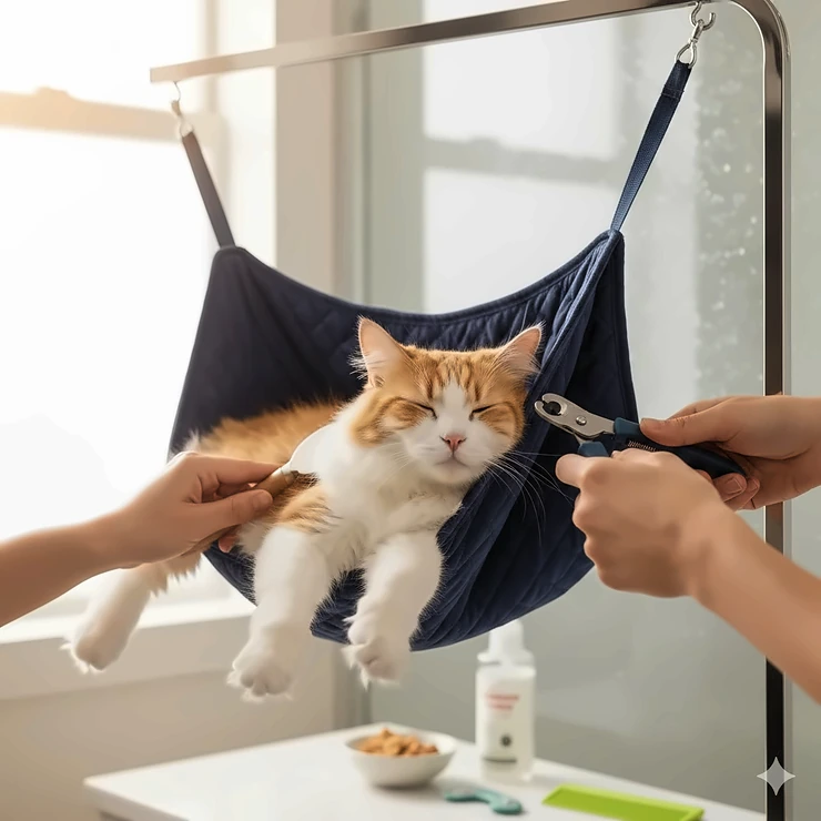 A fluffy cat comfortably resting in a sturdy blue cat grooming hammock during a home spa session.
