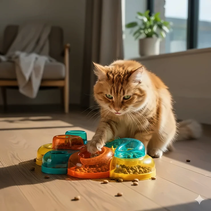 A photorealistic ginger cat using a colorful interactive puzzle feeder on a sunlit wooden floor. cat puzzle feeder