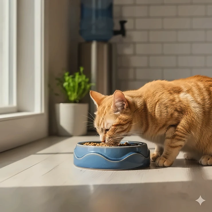 A ginger tabby cat calmly eating kibble from a blue ceramic slow feeder cat bowl to prevent bloating.