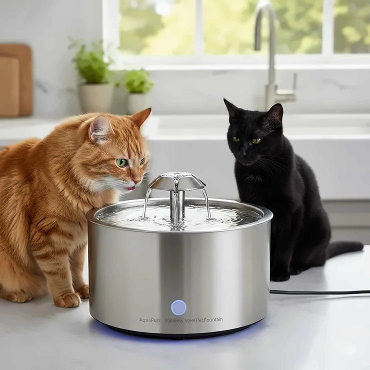 A sleek, round stainless steel cat water fountain with a triple-action filter and a quiet pump sitting on a kitchen floor.