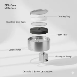 High-detail shot of the hygienic, BPA-free materials used in the quietest cat water fountain construction.