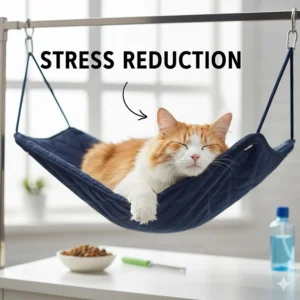 Illustration of a calm, relaxed cat suspended in a grooming hammock to reduce anxiety during brushing.
