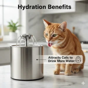 Illustration of a cat attracted to the flowing water stream of a 360-degree stainless steel pet fountain.