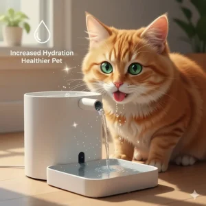 A cat calmly drinking from the bubbling stream of a silent, 4K-detail pet fountain.