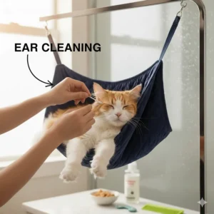 Illustration of a pet owner easily cleaning a cat’s ears while the cat is held still by a grooming hammock.