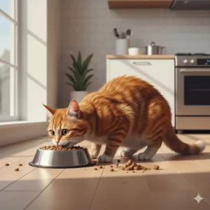 Illustration of a cat eating quickly from a standard metal bowl, leading to indigestion and food mess.