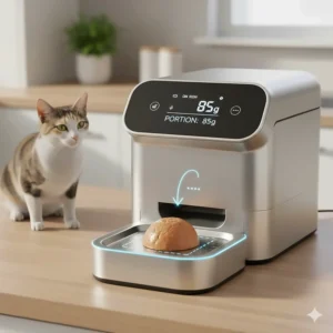 Graphic showing precise wet food portioning in an automatic feeder to help with feline weight management.