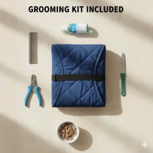 An overview of a grooming kit including the hammock, nail clippers, a file, and a pet comb.