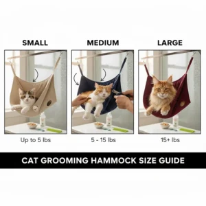 A comparative size chart for cat grooming hammocks ranging from small to large breeds.