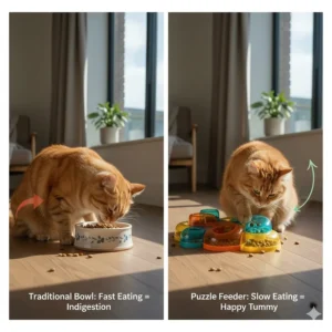 Side-by-side comparison showing a cat eating too fast from a bowl versus using a puzzle feeder for slow digestion.