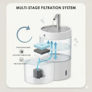Diagram of a cat water fountain's triple-layer filtration system including carbon and ion exchange filters.