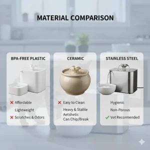 Comparison chart showing different cat water fountain materials like BPA-free plastic, ceramic, and stainless steel.