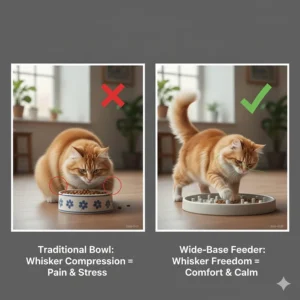 Diagram comparing whisker compression in a deep bowl to whisker freedom provided by a wide-base cat puzzle feeder.