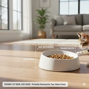 A scale illustration comparing the ceramic cat bowl dimensions to a standard-sized cat for size reference.