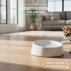 A decorative ceramic cat bowl filled with fresh water, showing its use for both food and hydration.