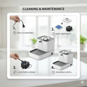 Step-by-step illustration of how to disassemble and clean a cat water fountain.