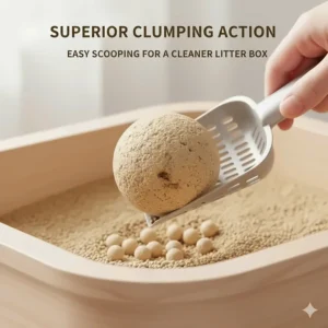 A close-up illustration showing how plant-based cat litter fibers form tight clumps for easy scooping.