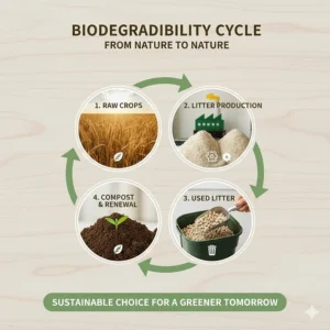 A circular diagram showing the lifecycle of plant-based cat litter from raw crops to compost.