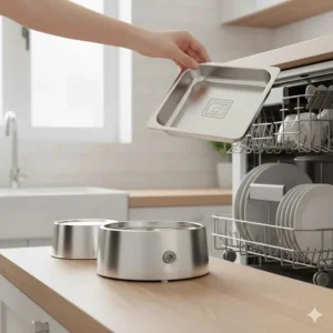 Illustration of a removable BPA-free tray from an automatic wet food feeder being placed in a dishwasher.