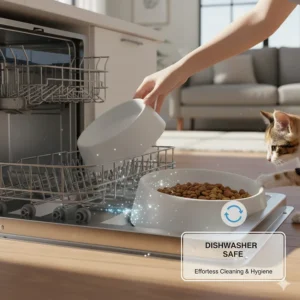 Graphic showing a ceramic cat bowl being placed in a dishwasher, highlighting easy-clean features.