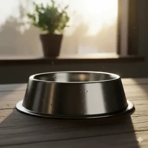 Close-up of a rust-resistant, heavy-duty stainless steel cat bowl showing a polished finish.