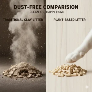 A side-by-side comparison of dusty clay litter versus clean, dust-free plant-based cat litter pellets.