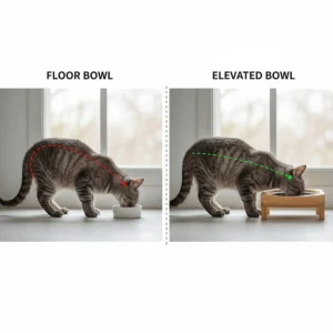 Diagram comparing a cat's neck alignment when using a floor bowl versus an elevated cat bowl.