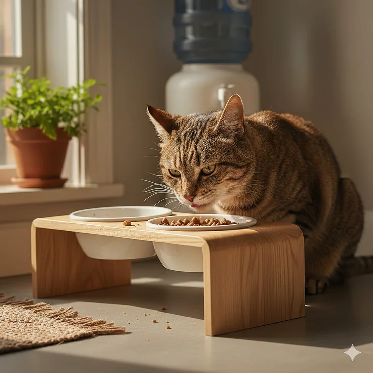 A senior tabby cat eating comfortably from an elevated wooden cat bowl stand to reduce neck strain. elevated cat bowl for senior cats