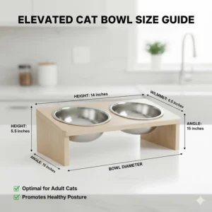 Technical drawing showing the height and width measurements of a standard elevated cat bowl.