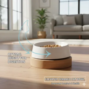 Illustration showing an elevated ceramic cat bowl at the optimal height for improved feline digestion.