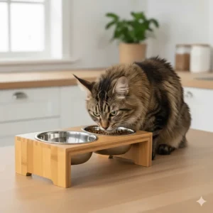 An ergonomic elevated stand featuring a removable stainless steel cat bowl for improved digestion.