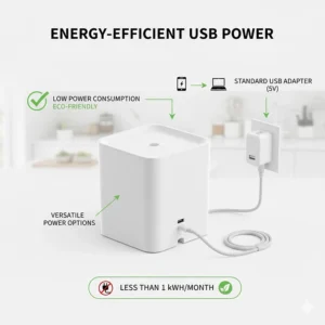 Illustration showing a cat water fountain powered by a USB cable for low energy consumption.