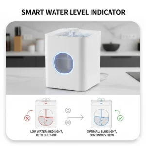 Illustration of an LED water level indicator on a cat water fountain to prevent the pump from running dry.