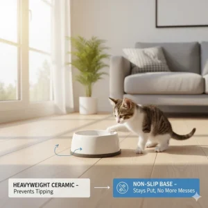 Illustration of a heavy-bottomed ceramic cat bowl with a silicone base to prevent sliding and tipping.