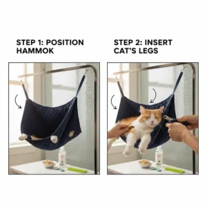 Step-by-step diagram showing how to position a cat’s legs into the openings of a grooming sling.