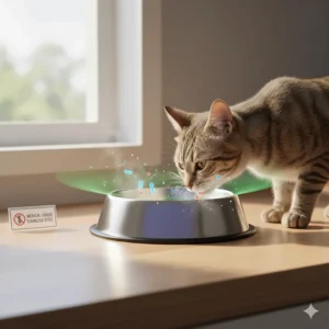 Illustration highlighting the bacteria-resistant properties of a medical-grade stainless steel cat bowl.