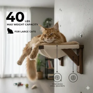 An infographic showing a cat hammock for large cats supporting up to 40 pounds with reinforced steel brackets.