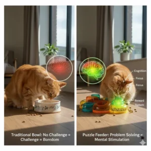 Infographic illustration of a cat solving a puzzle feeder with a digital brain overlay to represent mental stimulation.