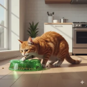 A cat focused and mentally engaged while using a green puzzle-style slow feeder cat bowl for stimulation.