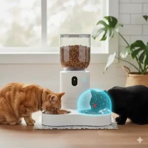 Illustration of an automatic cat feeder for multiple cats that uses RFID collar tags to grant access to specific pets and prevent food stealing.