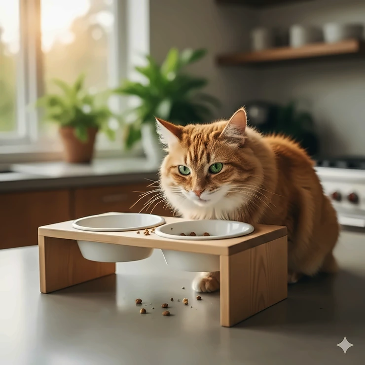 A fluffy ginger cat eating comfortably from a modern wood and ceramic elevated cat bowl in a bright kitchen.