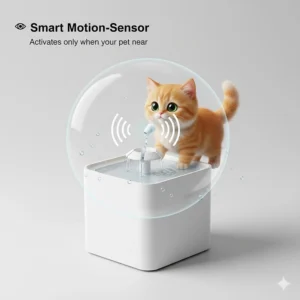 A smart motion-sensor activated quiet cat water fountain operating in a modern home environment.