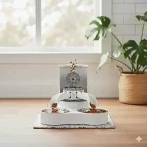 Close-up illustration of an automatic cat feeder splitter showing how kibble is divided equally into two separate feeding bowls.