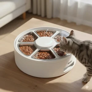 A top-down illustration of a 5-meal rotating automatic cat feeder designed for wet food portions.